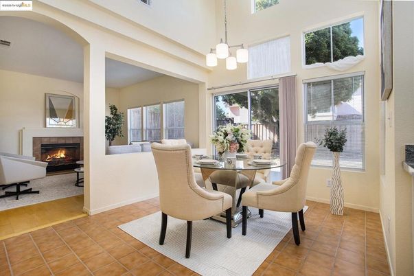 Dining room, Fireplace, Interior, Pendant Lights