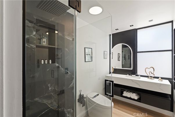 Bathroom, Glass Shower, Interior, Recessed Lighting, Wood Texture Flooring