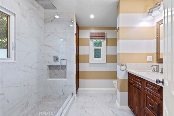 Bathroom, Glass Shower, Interior, Marble, Marble Walls, Recessed Lighting