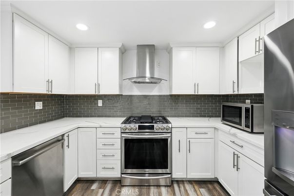 Interior, Kitchen, Recessed Lighting, Stainless Steel Appliances, Wood Texture Flooring