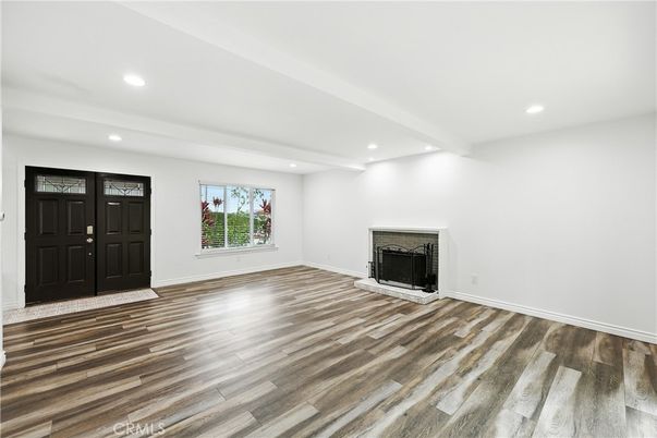 Empty room, Fireplace, Interior, Recessed Lighting, Wood Texture Flooring