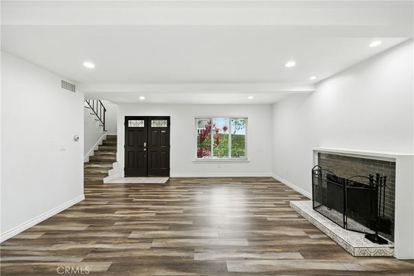 Fireplace, Interior, Recessed Lighting, Wood Texture Flooring