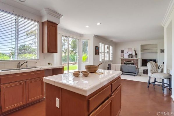 Fireplace, Interior, Kitchen, Living room, Recessed Lighting, Tile Countertops