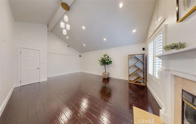 Empty room, Fireplace, Interior, Pendant Lights, Recessed Lighting, Wood Texture Flooring