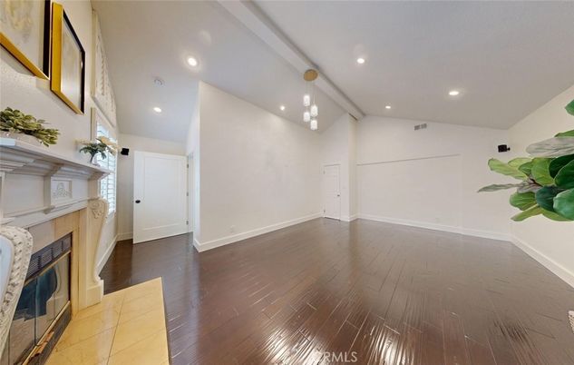Empty room, Fireplace, Interior, Pendant Lights, Recessed Lighting, Wood Texture Flooring