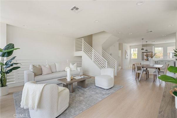 Dining room, Interior, Living room, Pendant Lights, Recessed Lighting, Wood Texture Flooring