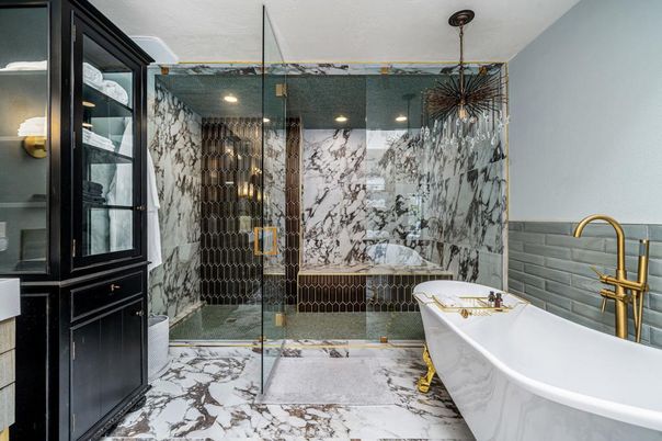 Bathroom, Free Standing Baths, Glass Shower, Interior, Marble, Marble Walls, Recessed Lighting