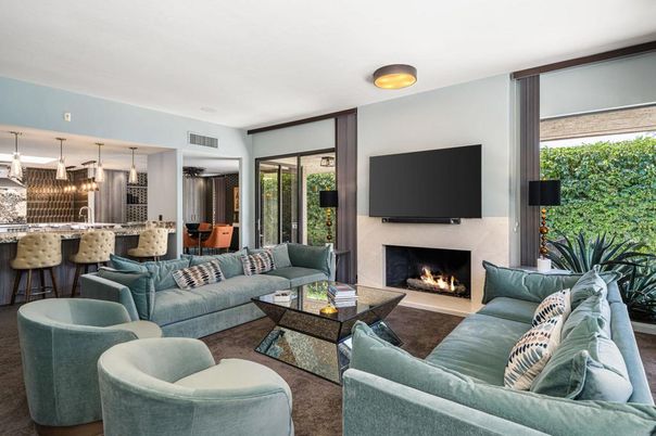 Dining room, Fireplace, Interior, Living room, Pendant Lights