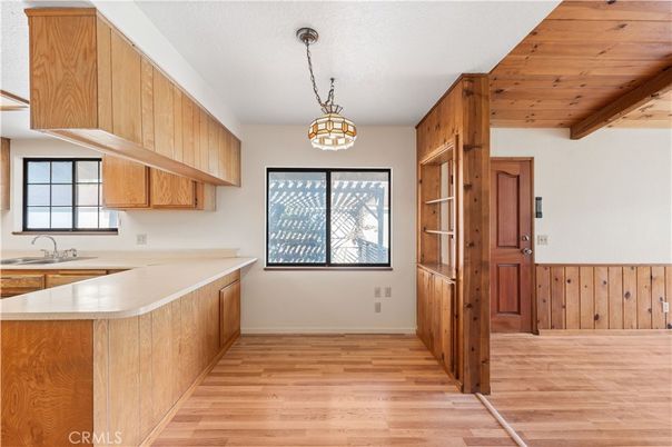 Interior, Kitchen, Pendant Lights, Wooden Ceilings, Wood Texture Flooring, Wooden Walls