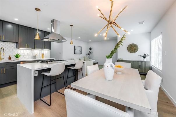 Dining room, Interior, Kitchen, Pendant Lights, Recessed Lighting, Stainless Steel Appliances, Wood Texture Flooring