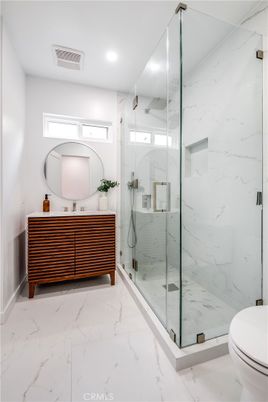 Bathroom, Glass Shower, Interior, Marble, Marble Walls, Recessed Lighting