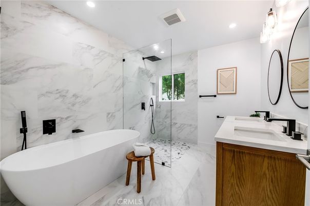 Bathroom, Free Standing Baths, Glass Shower, Interior, Marble, Marble Walls, Recessed Lighting