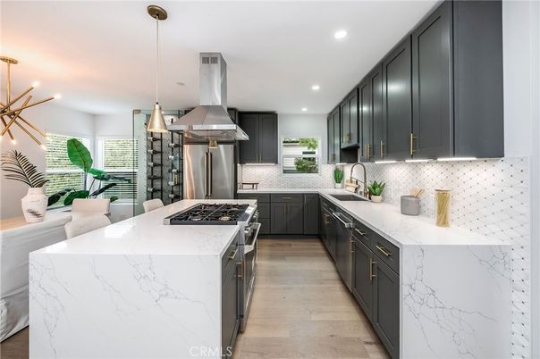 Interior, Kitchen, Pendant Lights, Recessed Lighting, Stainless Steel Appliances, Wood Texture Flooring