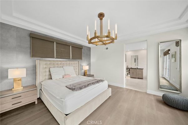 Bedroom, Chandelier, Interior, Recessed Lighting, Wood Texture Flooring