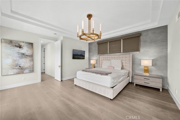 Bedroom, Chandelier, Interior, Recessed Lighting, Wood Texture Flooring