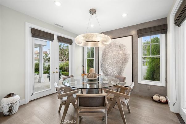 Dining room, Interior, Pendant Lights, Recessed Lighting, Wood Texture Flooring
