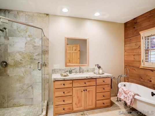 Bathroom, Free Standing Baths, Glass Shower, Interior, Recessed Lighting, Wooden Walls