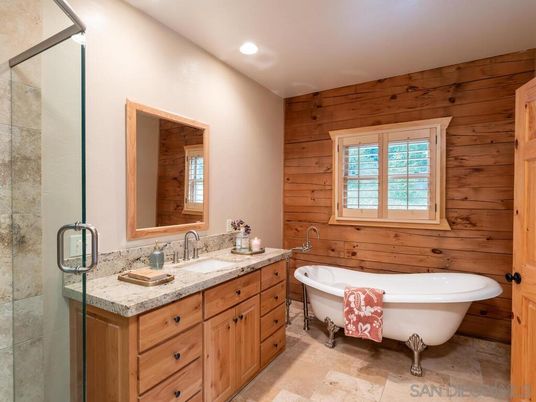 Bathroom, Dual Sink Vanities, Free Standing Baths, Interior, Recessed Lighting, Wooden Walls
