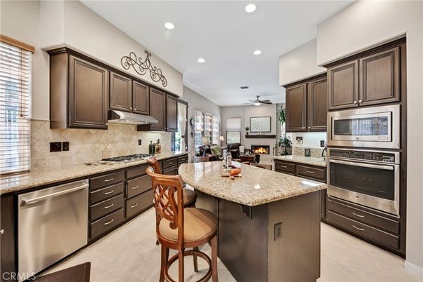 Fireplace, Interior, Kitchen, Recessed Lighting, Stainless Steel Appliances