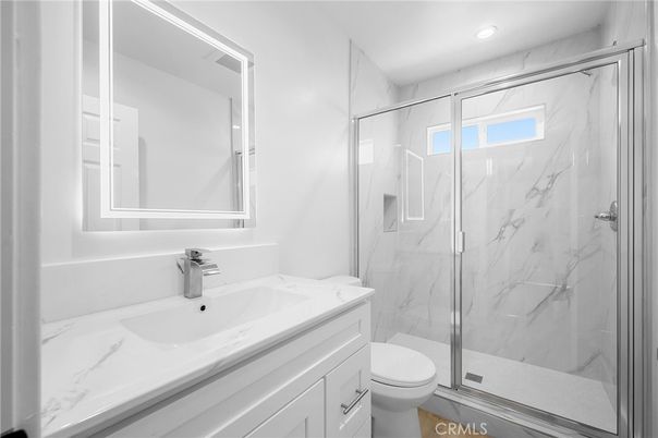 Bathroom, Glass Shower, Interior, Marble Walls, Recessed Lighting