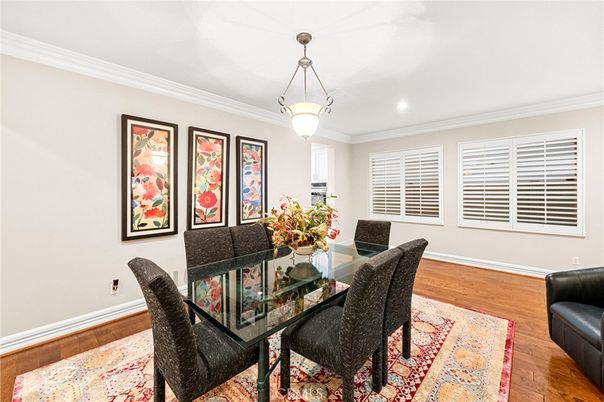 Dining room, Interior, Pendant Lights, Recessed Lighting, Wood Texture Flooring