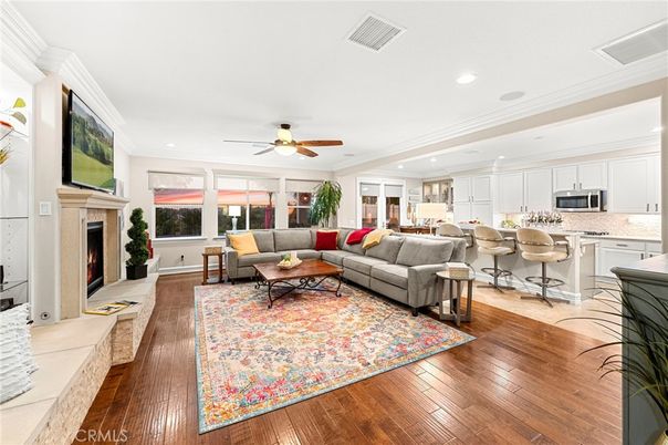 Fireplace, Interior, Kitchen, Living room, Recessed Lighting, Wood Texture Flooring