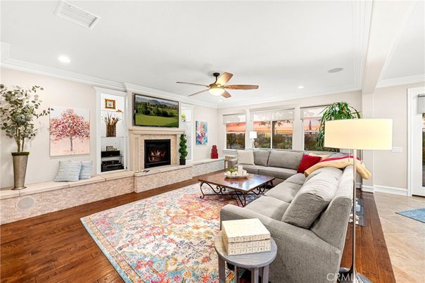 Fireplace, Interior, Living room, Recessed Lighting, Wood Texture Flooring
