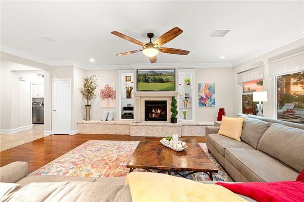 Fireplace, Interior, Living room, Recessed Lighting, Wood Texture Flooring