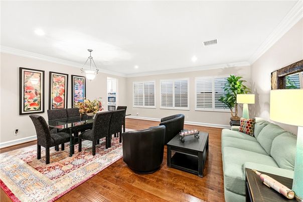 Dining room, Interior, Living room, Pendant Lights, Recessed Lighting, Wood Texture Flooring