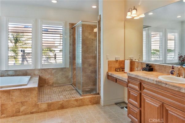 Bathroom, Dual Sink Vanities, Glass Shower, Interior, Recessed Lighting, Tile Countertops