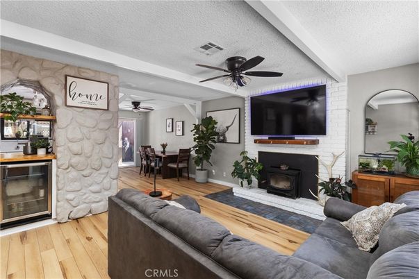 Dining room, Fireplace, Interior, Living room, Stone Walls, Wood Texture Flooring