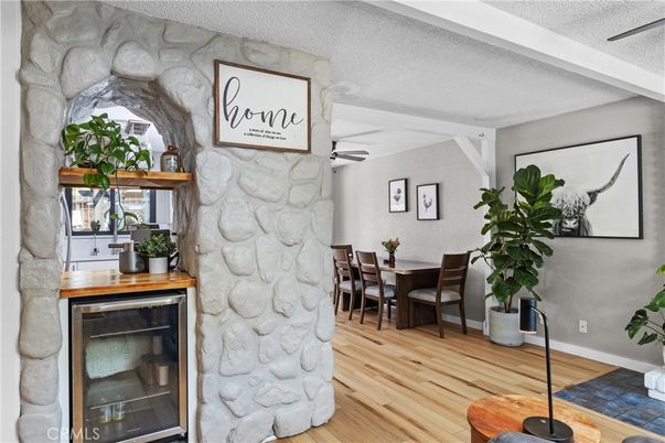 Dining room, Fireplace, Interior, Stone Walls, Wood Texture Flooring