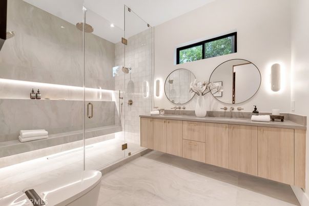 Bathroom, Dual Sink Vanities, Glass Shower, Interior, Recessed Lighting