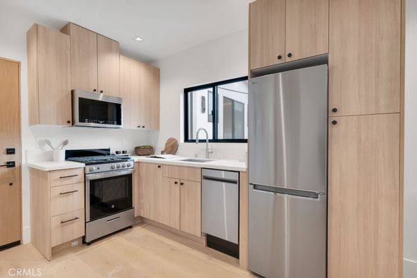 Interior, Kitchen, Recessed Lighting, Stainless Steel Appliances, Wood Texture Flooring
