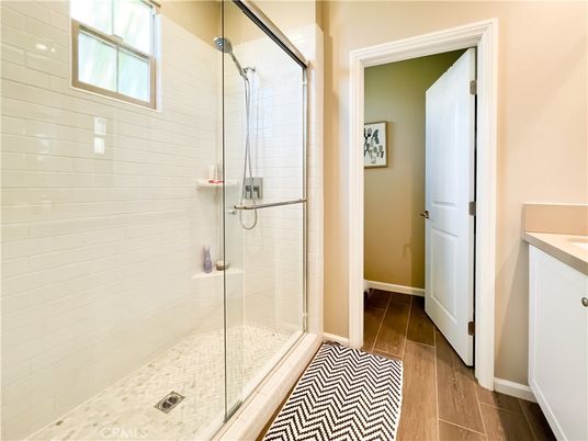 Bathroom, Glass Shower, Interior, Wood Texture Flooring