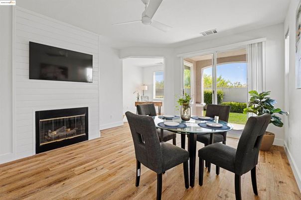 Dining room, Fireplace, Interior, Wood Texture Flooring