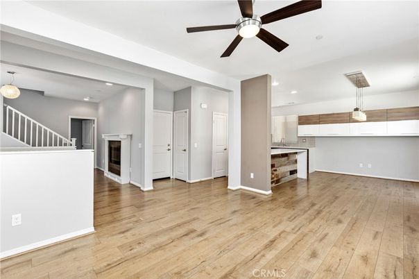 Empty room, Interior, Pendant Lights, Recessed Lighting, Wood Texture Flooring