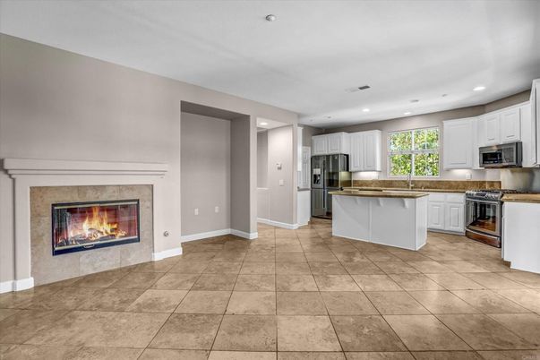Fireplace, Interior, Kitchen, Recessed Lighting, Stainless Steel Appliances