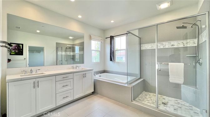 Bathroom, Dual Sink Vanities, Glass Shower, Interior, Recessed Lighting