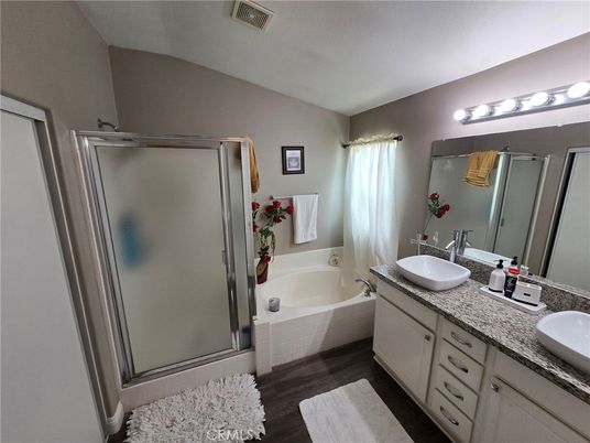 Bathroom, Dual Sink Vanities, Glass Shower, Interior, Wood Texture Flooring