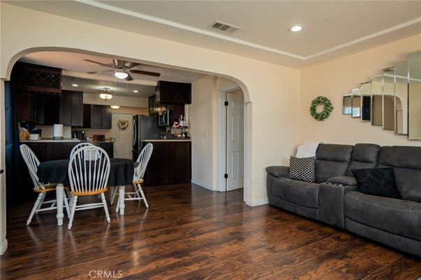 Dining room, Interior, Kitchen, Living room, Recessed Lighting, Wood Texture Flooring