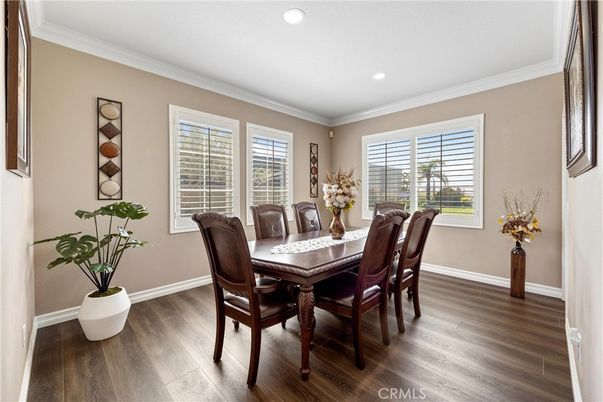 Dining room, Interior, Recessed Lighting, Wood Texture Flooring