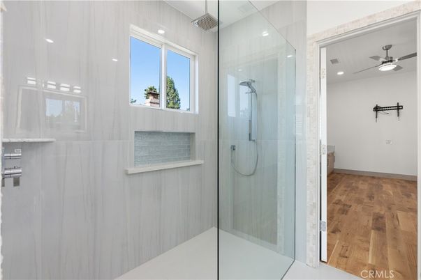 Bathroom, Glass Shower, Interior, Recessed Lighting, Wood Texture Flooring