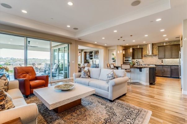 Dining room, Interior, Kitchen, Living room, Pendant Lights, Recessed Lighting, Stainless Steel Appliances, Wood Texture Flooring