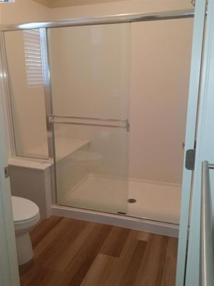 Bathroom, Glass Shower, Interior, Wood Texture Flooring