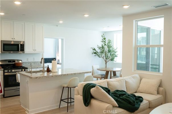 Interior, Kitchen, Living room, Recessed Lighting, Stainless Steel Appliances, Wood Texture Flooring