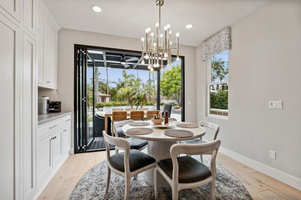 Dining room, Interior, Pendant Lights, Recessed Lighting, Wood Texture Flooring