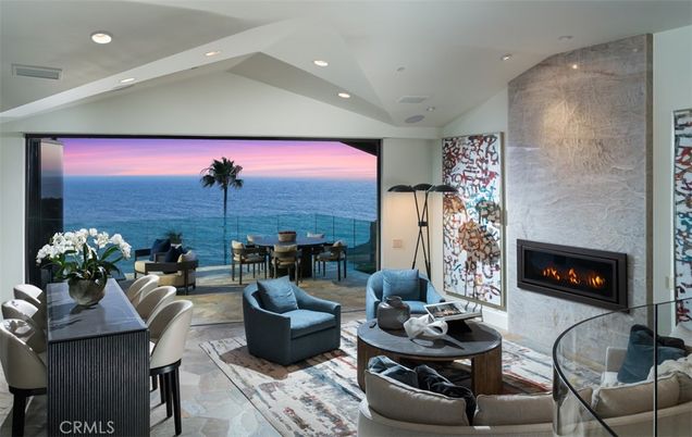 Dining room, Fireplace, Interior, Living room, Recessed Lighting, Water