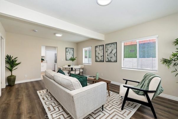 Dining room, Interior, Living room, Recessed Lighting, Wood Texture Flooring