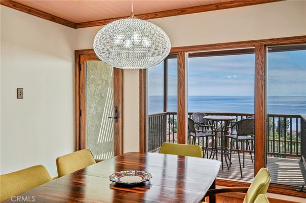 Dining room, Interior, Pendant Lights, Water, Wooden Beams